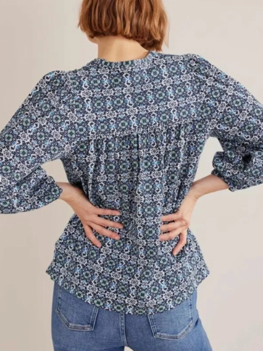 Boden Blue Mosaic-Print Long-Sleeve Blouse